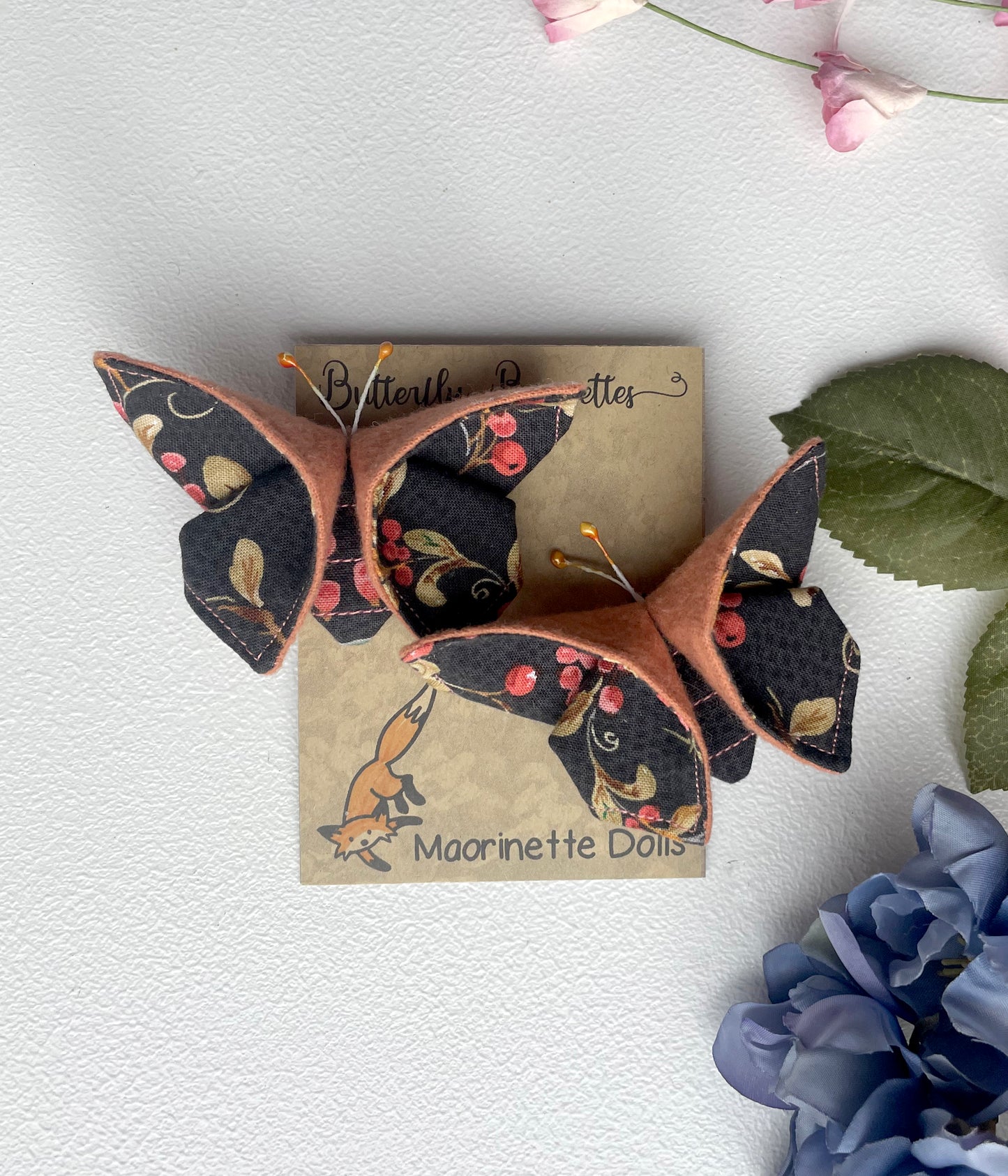 SALMON Floral Scrappy Butterfly Barrettes, Set of 2, Unique Barrettes, Children's Hair, One of a kind, Hair accessories, hair clips, flannel, cotton