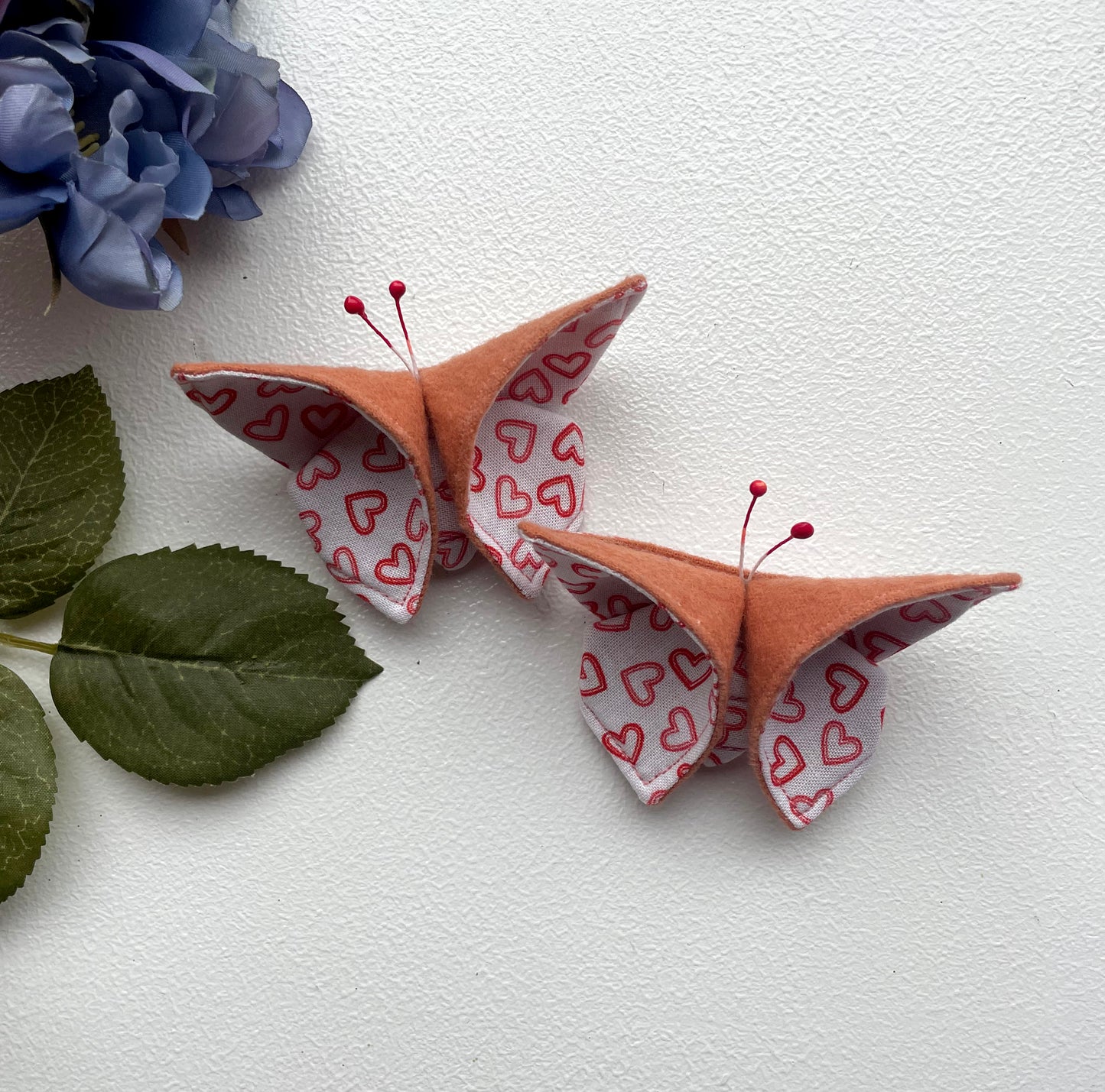 SALMON Hearts Scrappy Butterfly Barrettes, Set of 2, Unique Barrettes, Children's Hair, One of a kind, Hair accessories, hair clips, flannel, cotton