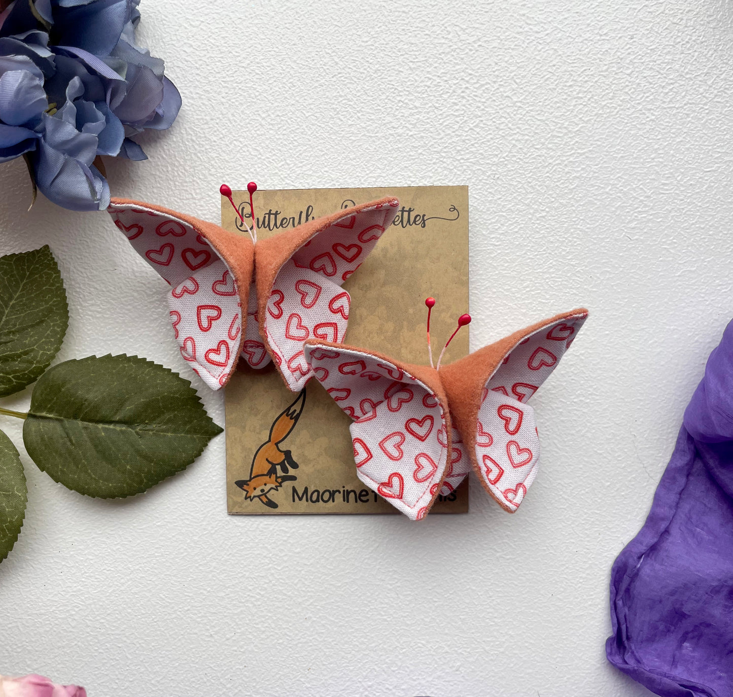 SALMON Hearts Scrappy Butterfly Barrettes, Set of 2, Unique Barrettes, Children's Hair, One of a kind, Hair accessories, hair clips, flannel, cotton