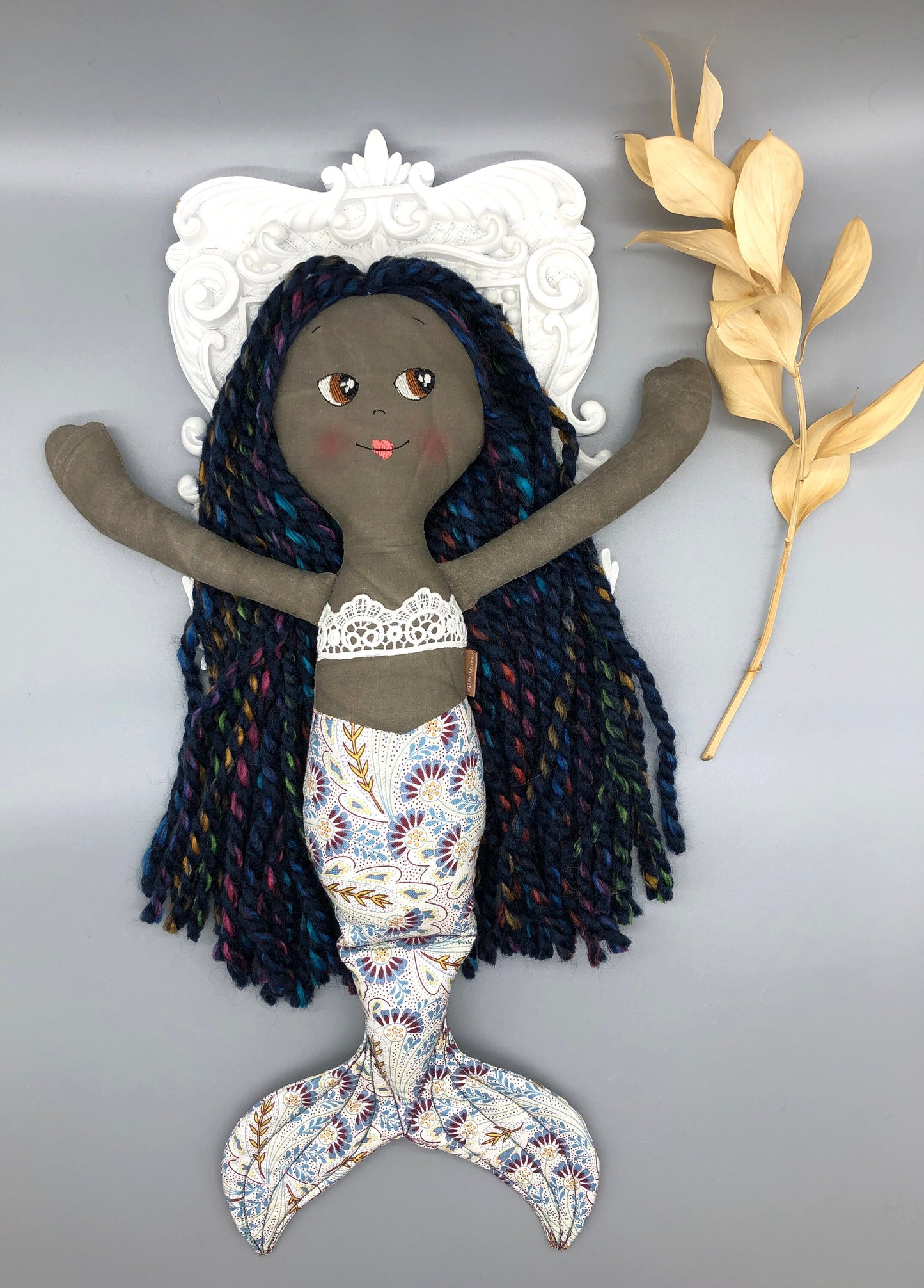 Handmade MERMAID Doll, "ARIA", handmade gift, mermaid doll, black doll, bipoc doll, heirloom doll, mermaid toy, black mermaid doll, rag doll