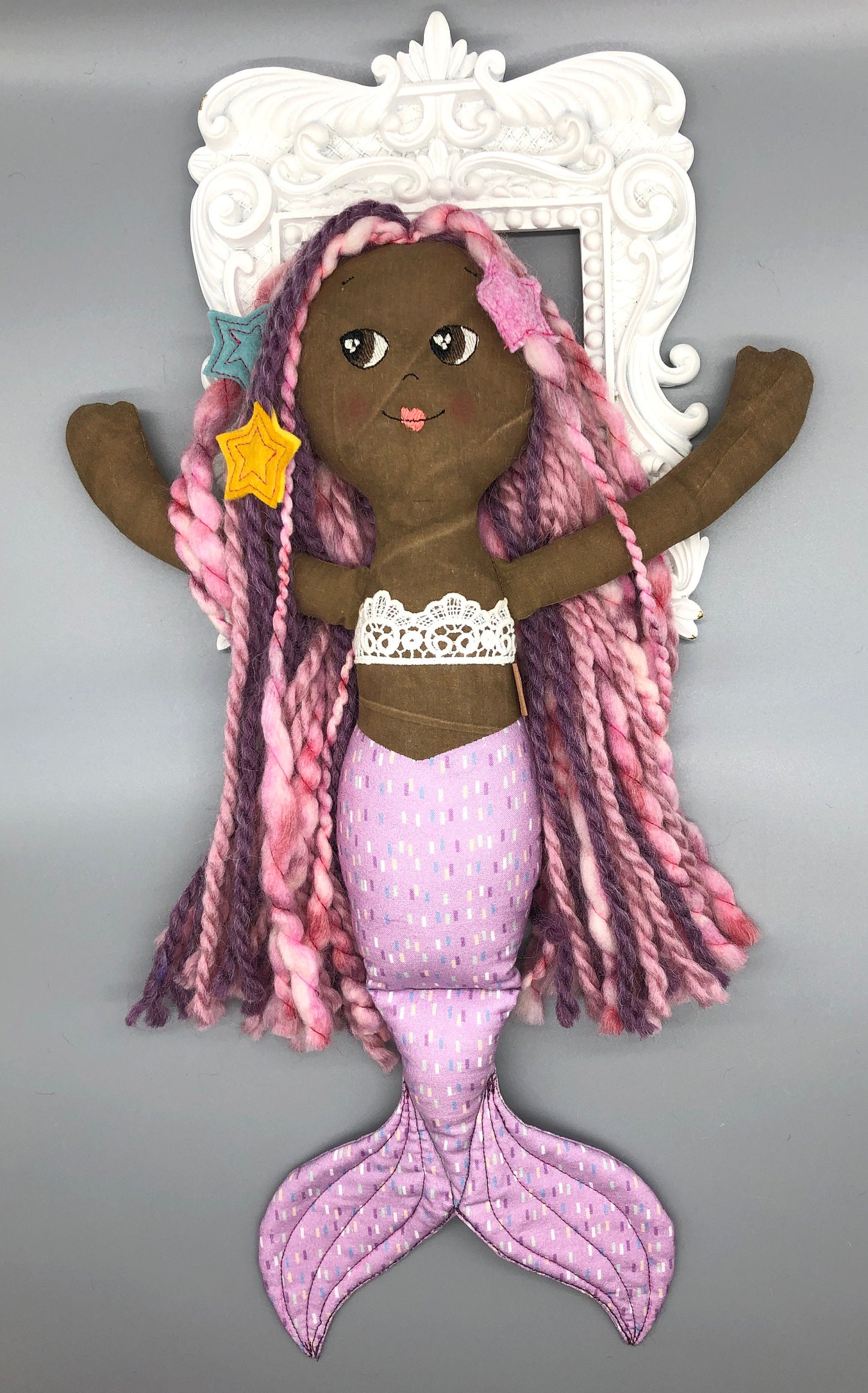 Handmade MERMAID Doll, "BRIONY", handmade gift, mermaid doll, black doll, bipoc doll, heirloom doll, fabric mermaid, muslin doll, rag doll