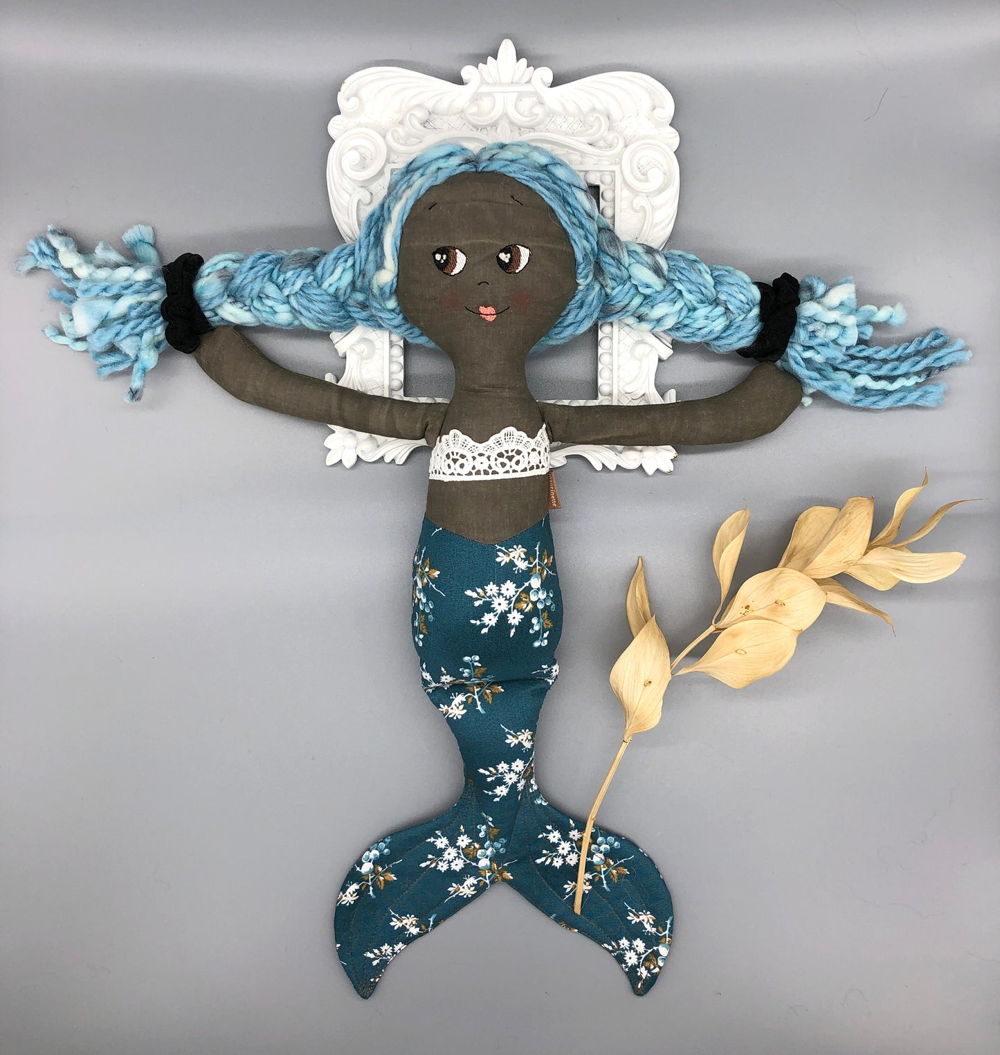 Handmade MERMAID Doll, "CORALIA", handmade gift, mermaid doll, black doll, bipoc doll, heirloom doll, mermaid toy, muslin doll, rag doll