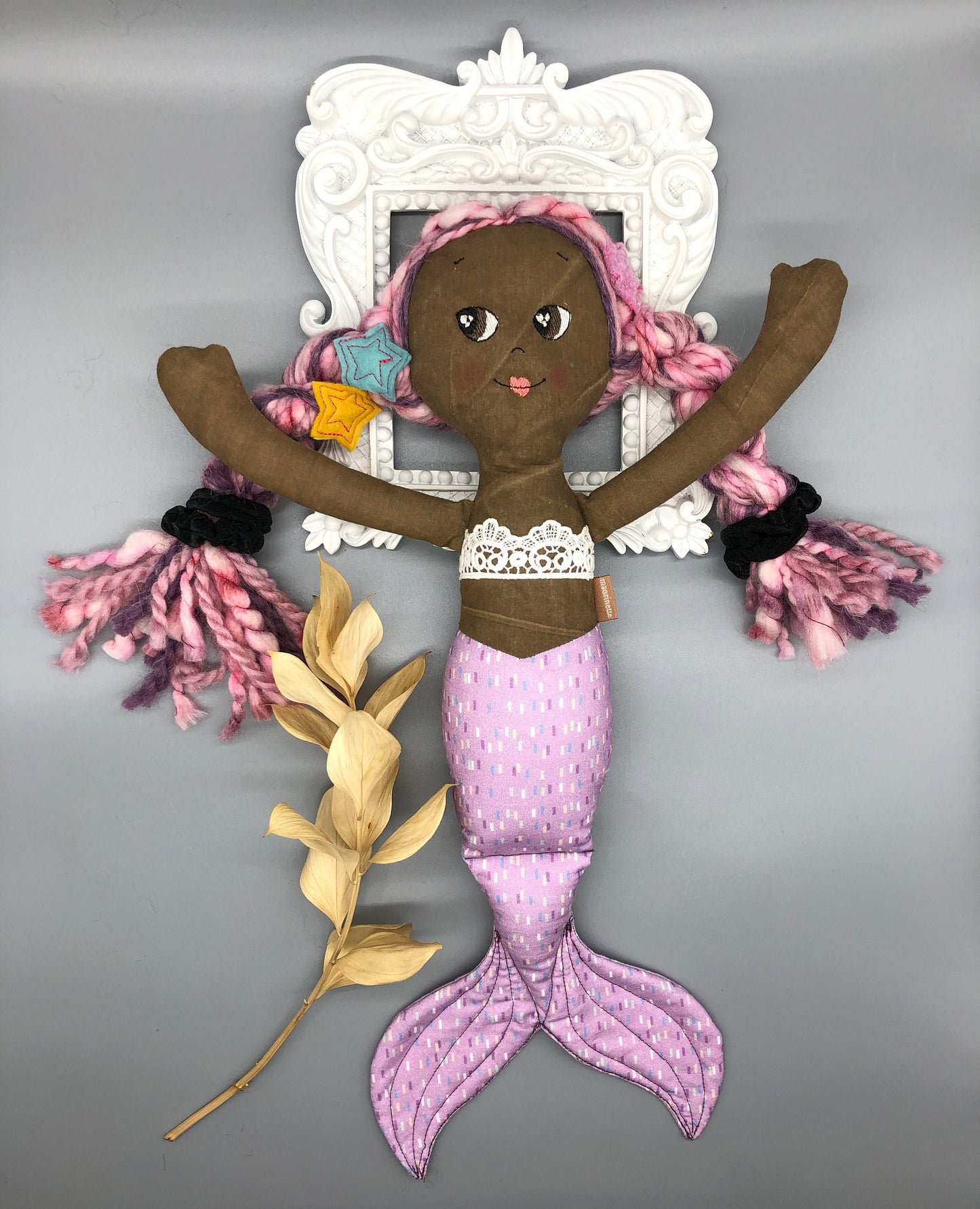 Handmade MERMAID Doll, "BRIONY", handmade gift, mermaid doll, black doll, bipoc doll, heirloom doll, fabric mermaid, muslin doll, rag doll