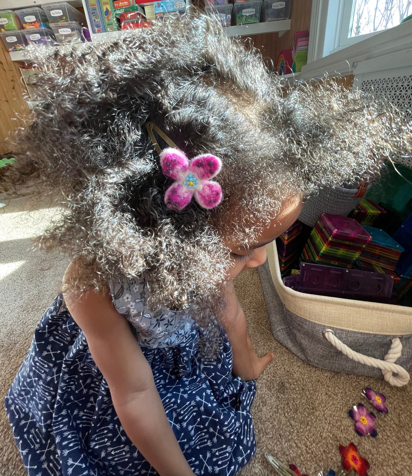 Needle Felted Flower Barrettes, Pair, handmade, Children's Hair, Hair accessories, hair clips, wool felted, snap clip, unique barrette