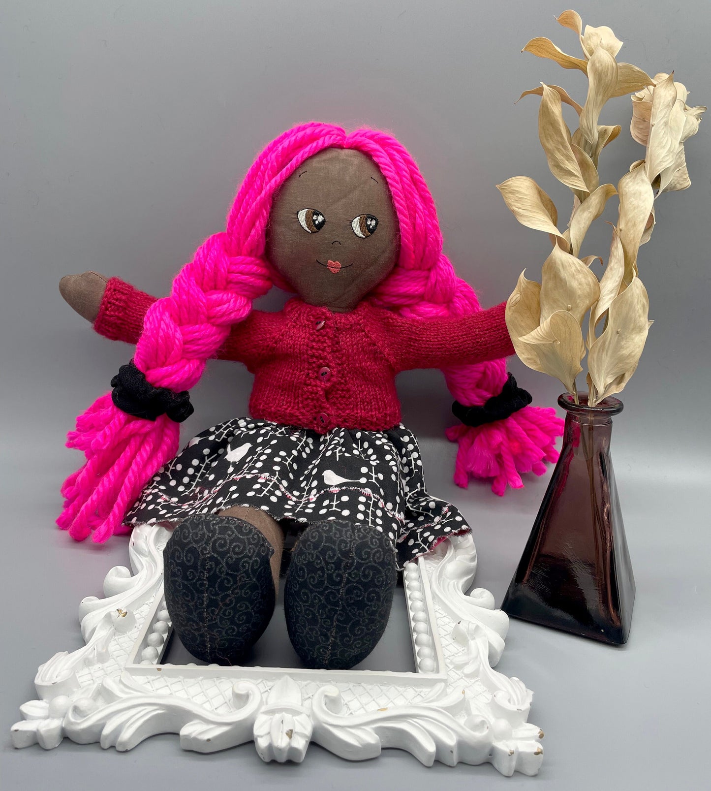 REVERSIBLE DRESS, Handmade Doll, "MILLY", handmade gift, hot pink, fabric doll, black doll, diverse doll, heirloom doll, Brown Muslin