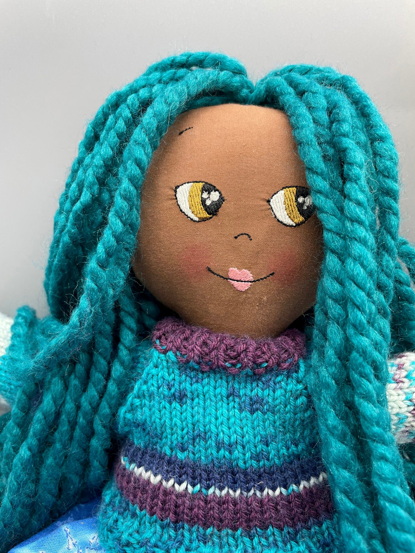 Handmade Black Doll, "CLOE", Reversible clothing, handmade gift, cloth doll, fabric doll, black doll, diverse doll, heirloom doll, Brown Muslin, teal