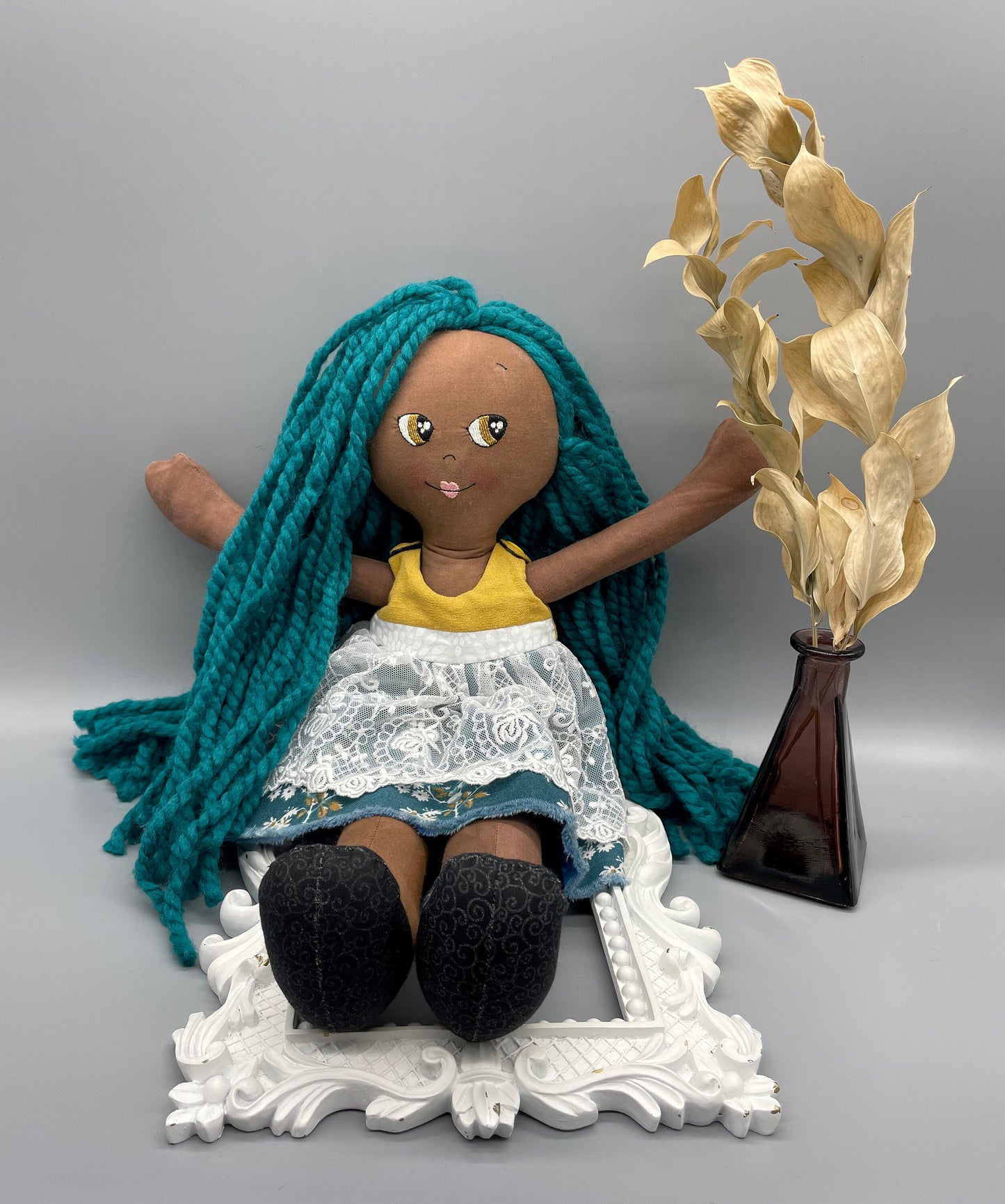 Handmade Black Doll, "CLOE", Reversible clothing, handmade gift, cloth doll, fabric doll, black doll, diverse doll, heirloom doll, Brown Muslin, teal