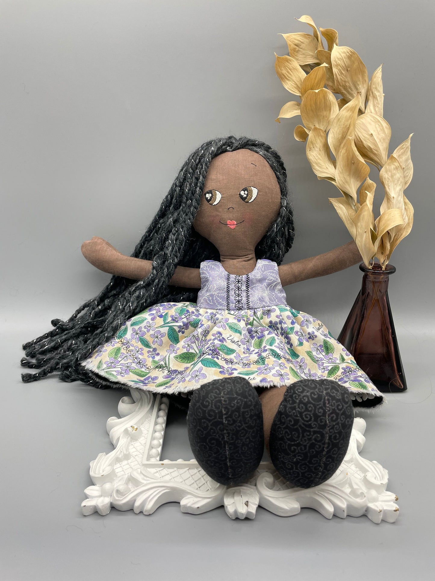 REVERSIBLE DRESS, Handmade Doll, "EFIE", handmade gift, cloth doll, black doll, diverse doll, heirloom doll, Brown Muslin, tinsel, sparkle