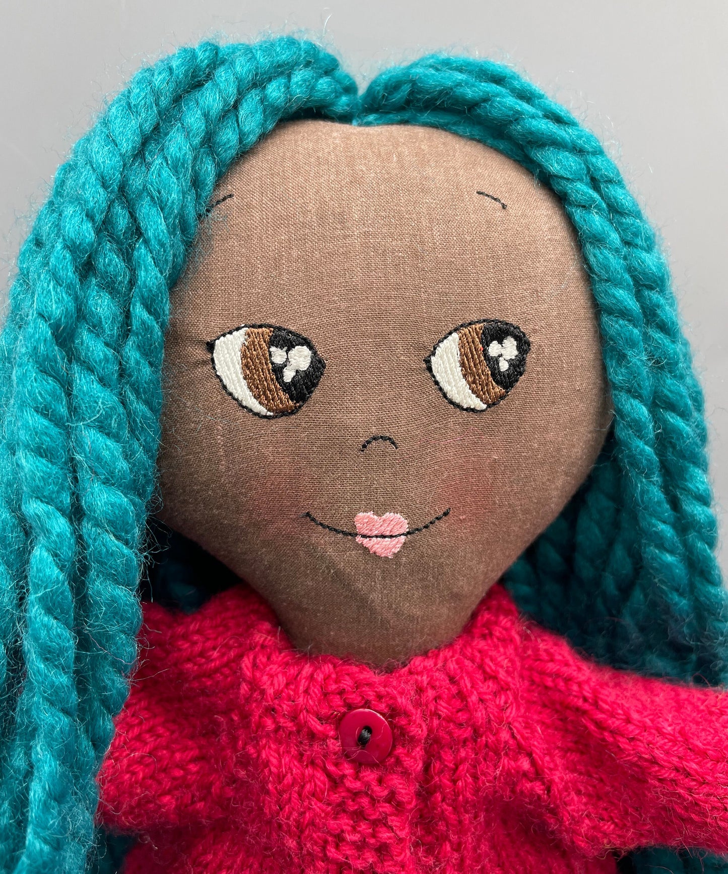 REVERSIBLE DRESS, Handmade Doll, "ORLA", handmade gift, cloth doll, fabric doll, black doll, diverse doll, heirloom doll, Brown Muslin, teal