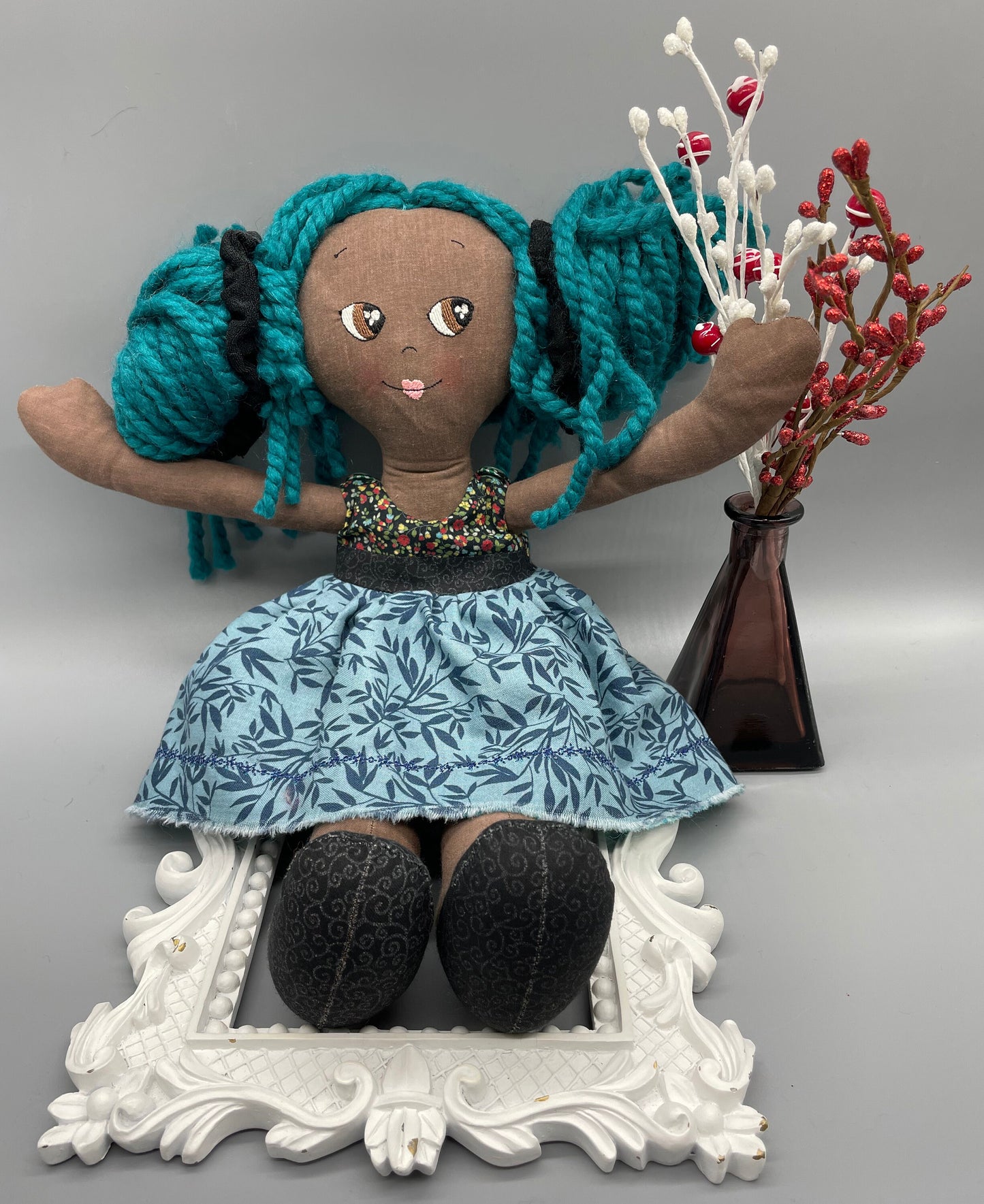 REVERSIBLE DRESS, Handmade Doll, "ORLA", handmade gift, cloth doll, fabric doll, black doll, diverse doll, heirloom doll, Brown Muslin, teal