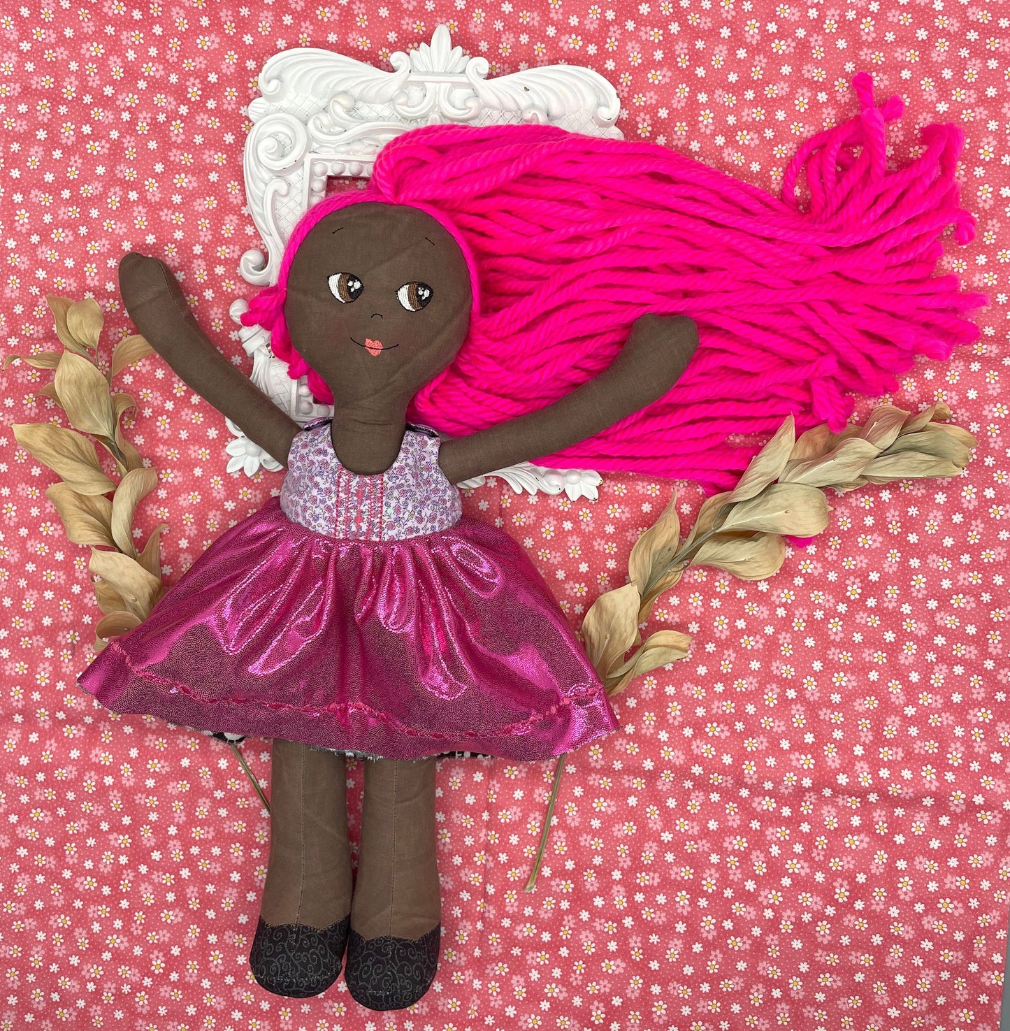 REVERSIBLE DRESS, Handmade Doll, "MILLY", handmade gift, hot pink, fabric doll, black doll, diverse doll, heirloom doll, Brown Muslin