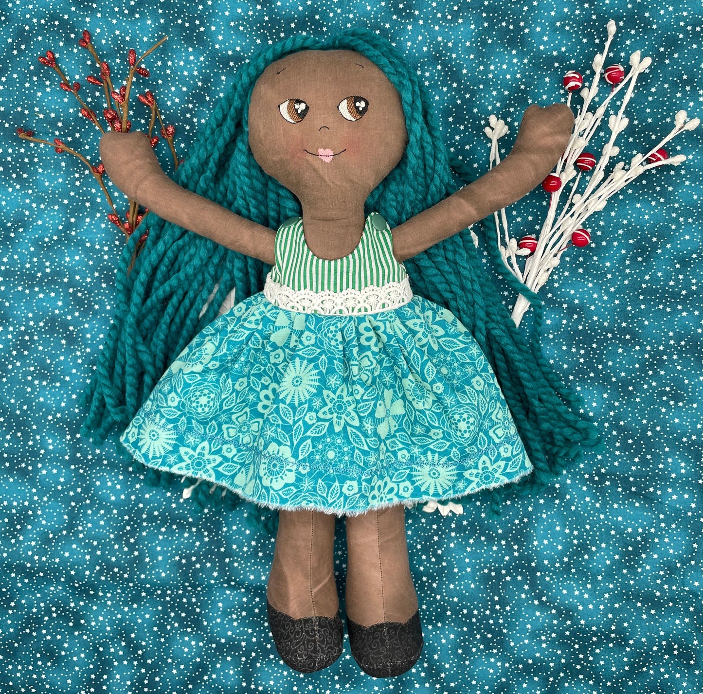 REVERSIBLE DRESS, Handmade Doll, "ORLA", handmade gift, cloth doll, fabric doll, black doll, diverse doll, heirloom doll, Brown Muslin, teal