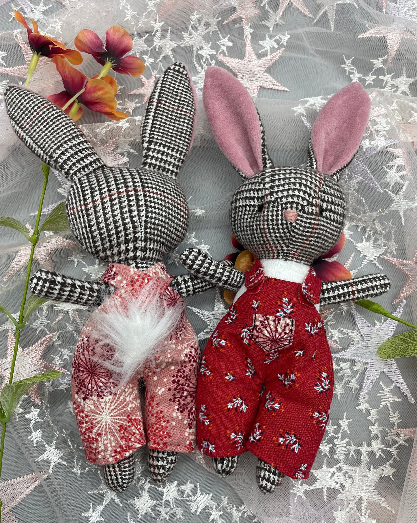 Handmade Easter Bunny Doll, Stuffed bunny, Reversible clothes, easter basket idea, rabbit, gift for kids, plaid, boy doll, rabbit doll