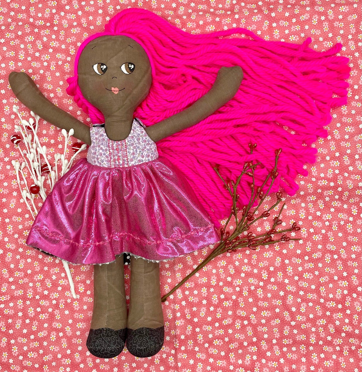 REVERSIBLE DRESS, Handmade Doll, "MILLY", handmade gift, hot pink, fabric doll, black doll, diverse doll, heirloom doll, Brown Muslin