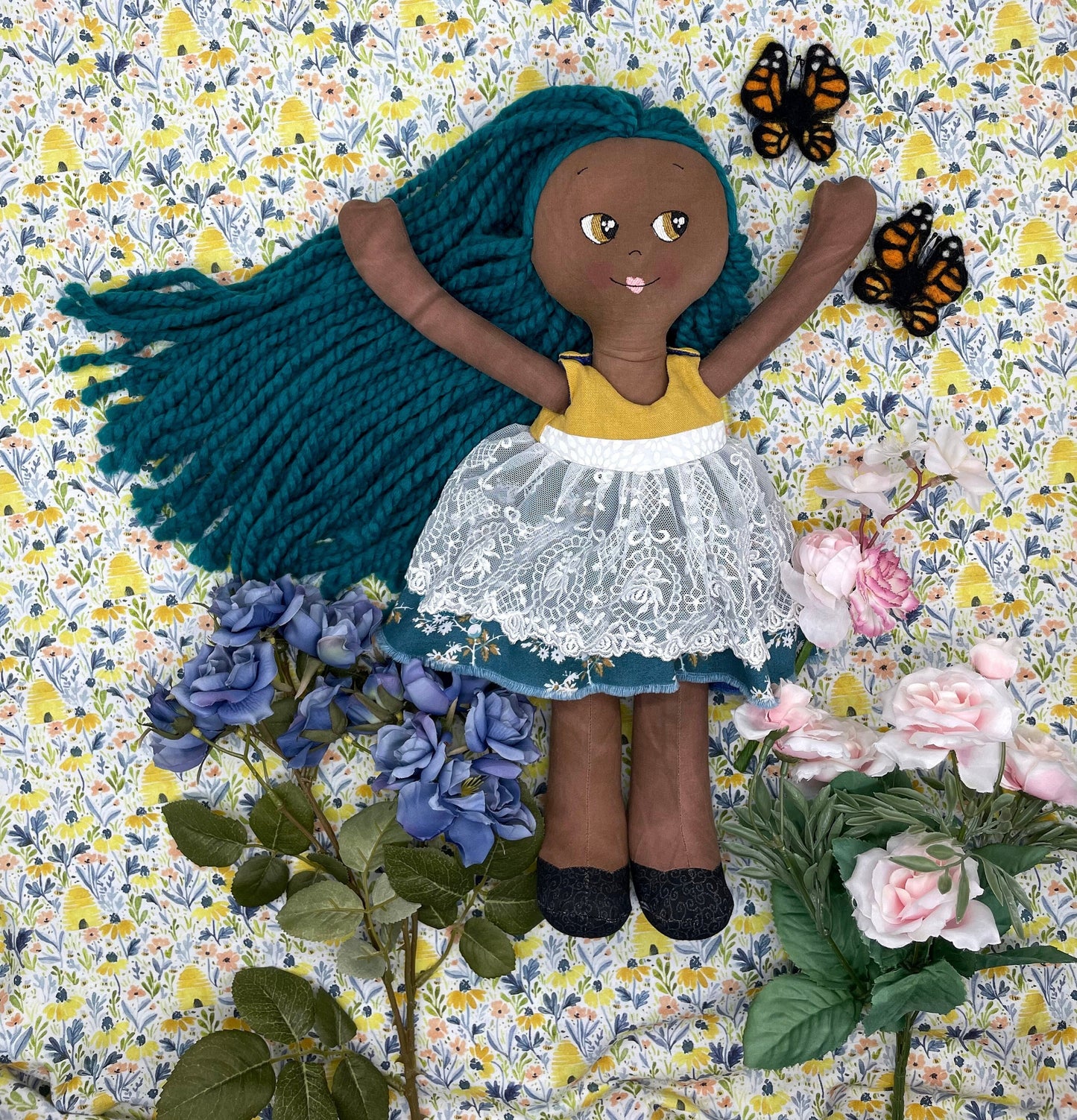 Handmade Black Doll, "CLOE", Reversible clothing, handmade gift, cloth doll, fabric doll, black doll, diverse doll, heirloom doll, Brown Muslin, teal